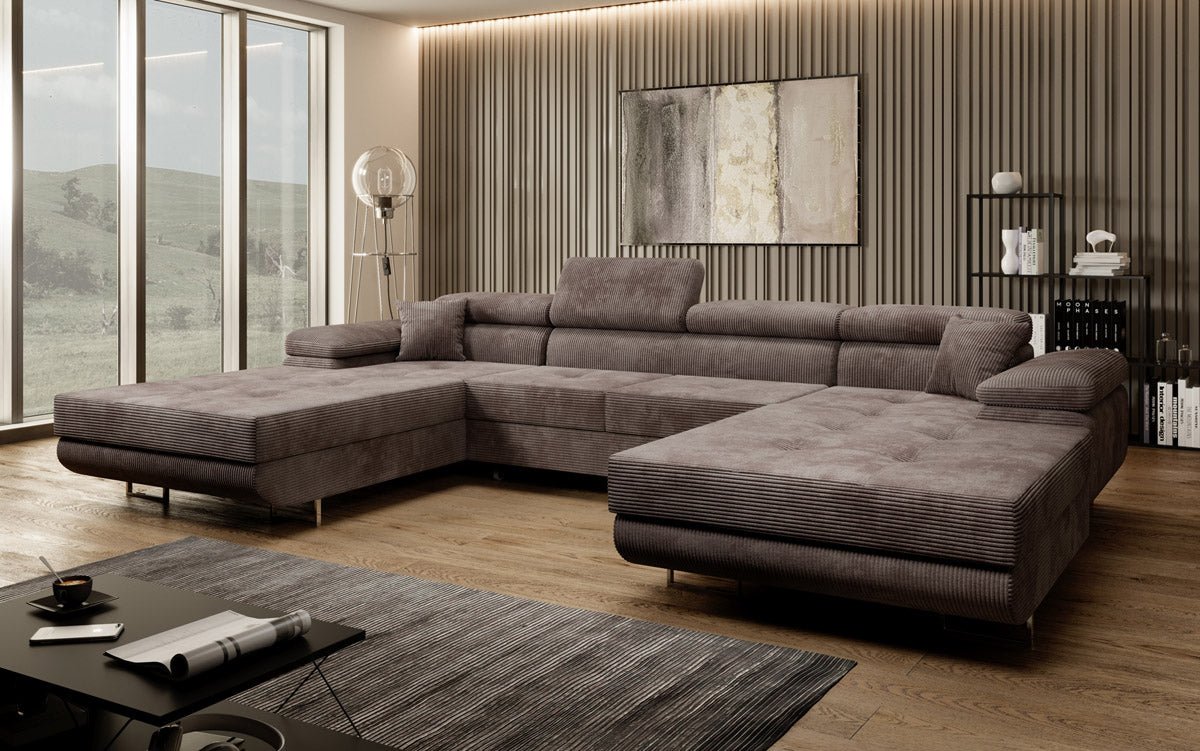 Designer Sofa Calvera U mit Schlaf- und Klappfunktion in Cord