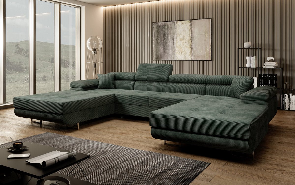 Designer Sofa Calvera U mit Schlaf- und Klappfunktion in Cord