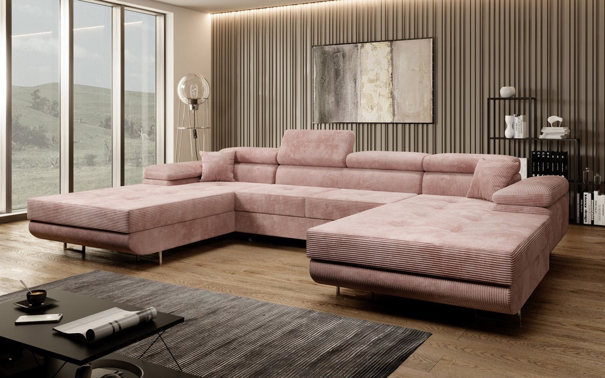Designer Sofa Calvera U mit Schlaf- und Klappfunktion in Cord