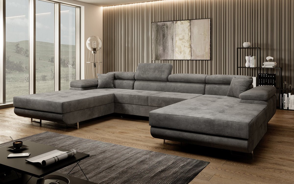 Designer Sofa Calvera U mit Schlaf- und Klappfunktion in Cord