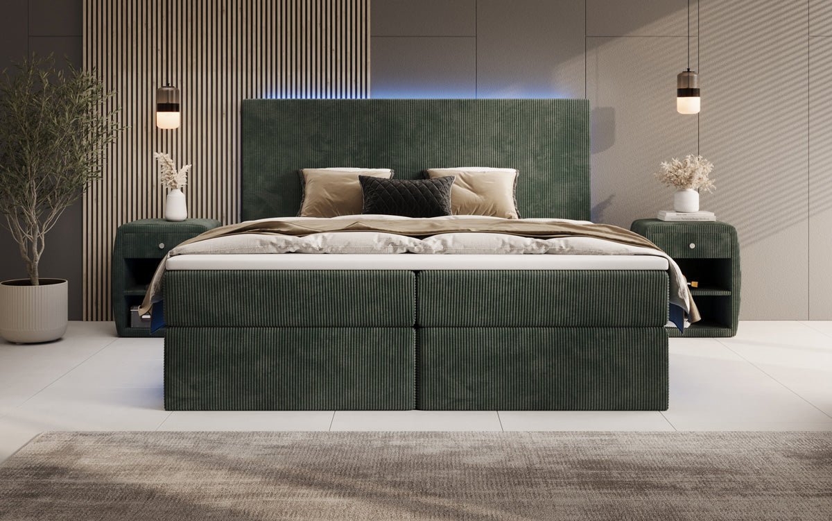 Boxspringbett Voyage mit LED u. Stauraum in Cord