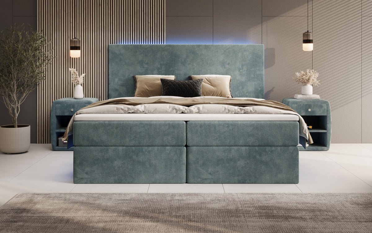 Boxspringbett Voyage mit LED u. Stauraum in Cord