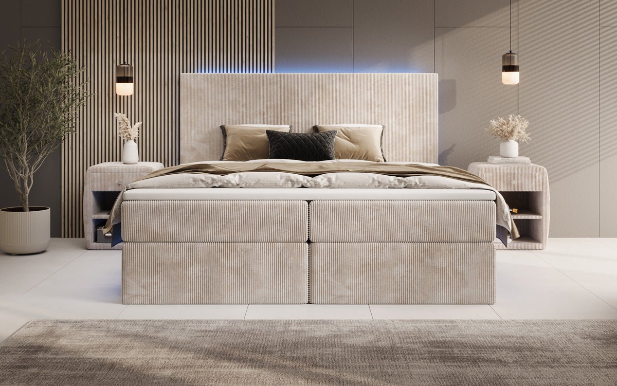 Boxspringbett Voyage mit LED u. Stauraum in Cord