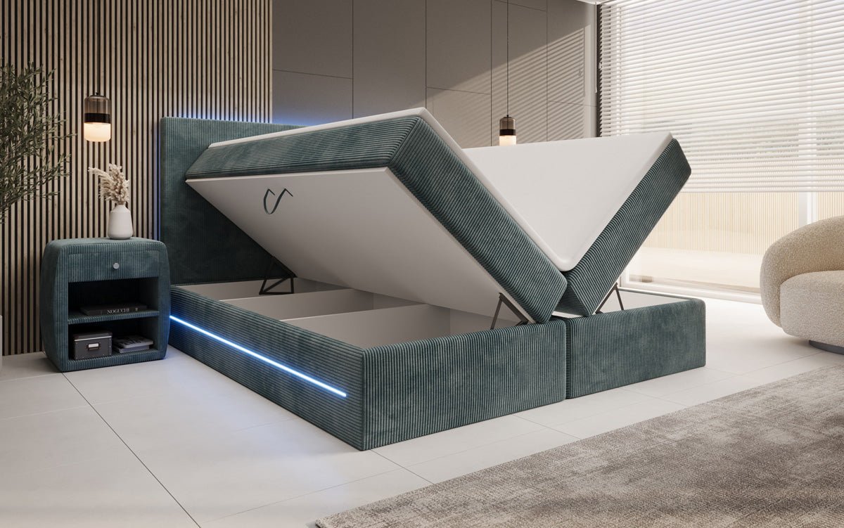 Boxspringbett Voyage mit LED u. Stauraum in Cord