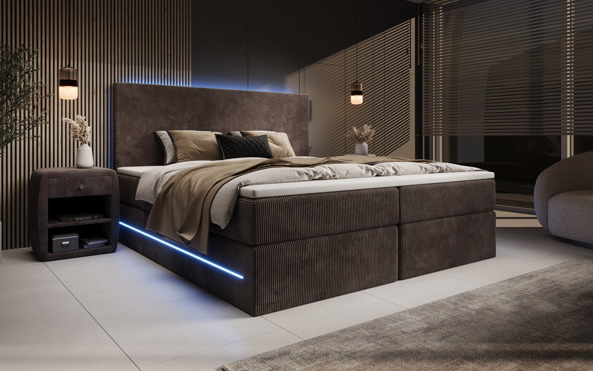 Boxspringbett Voyage mit LED u. Stauraum in Cord