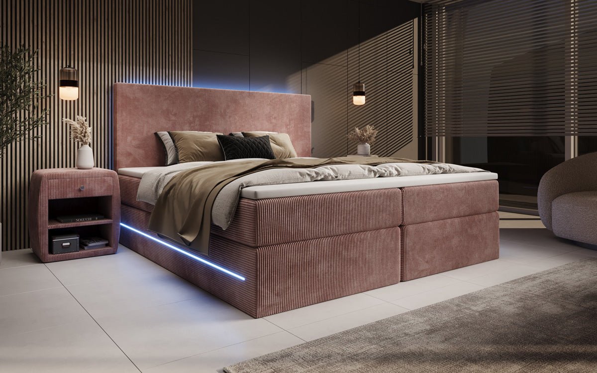 Boxspringbett Voyage mit LED u. Stauraum in Cord