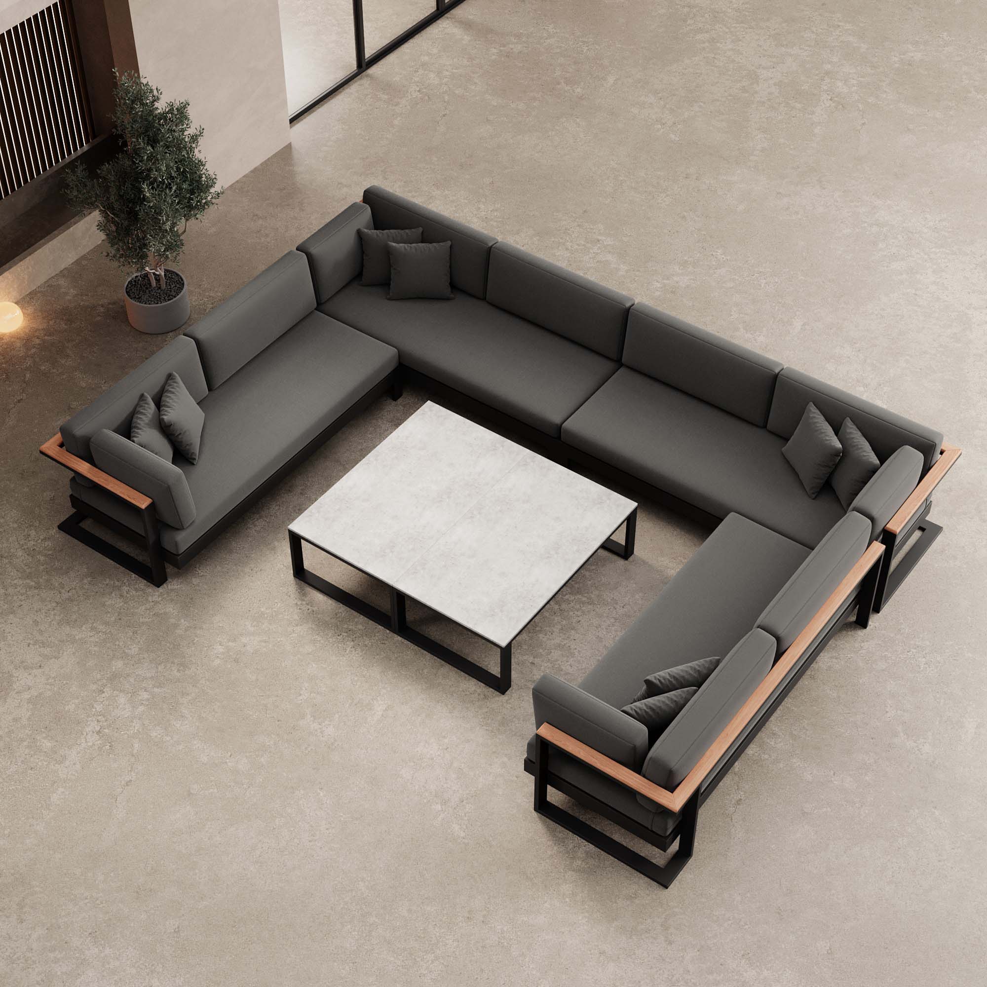 Vayla – Wohnlandschaft in U-Form mit Tisch aus schwarzem Aluminium | Aevora™ Kollektion