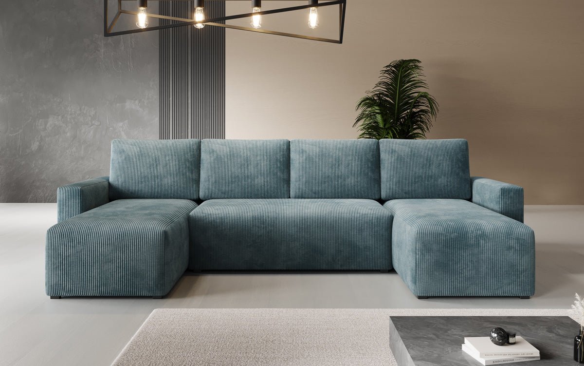 Designer Sofa Melva U mit Schlaf- und Klappfunktion in Cord