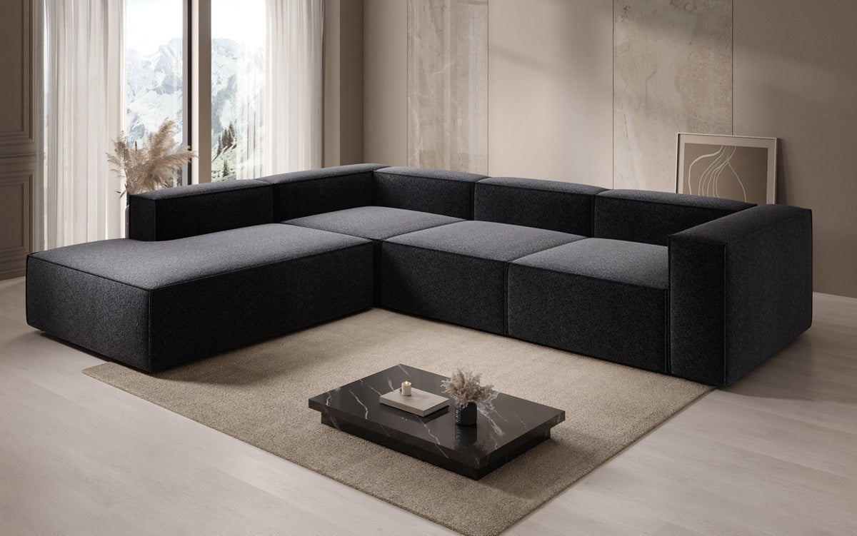 Designer Sofa Lesley L mit langer Ottomane in Strukturstoff