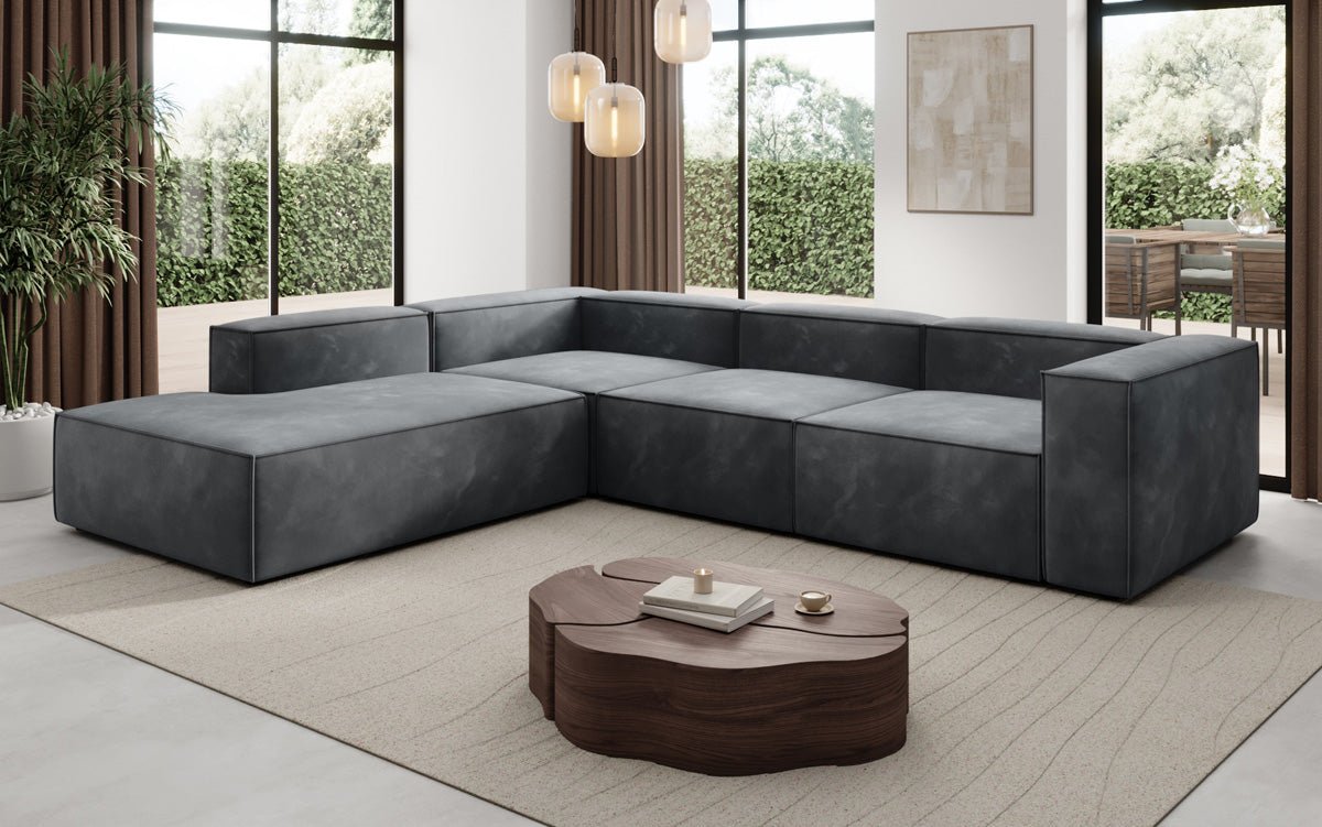 Designer Sofa Lesley L mit langer Ottomane in Samt