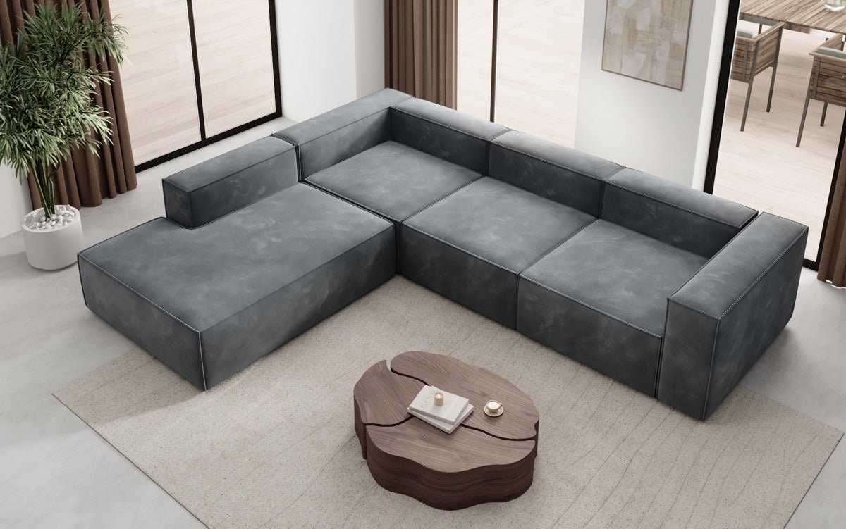 Designer Sofa Lesley L with long ottoman in velvet