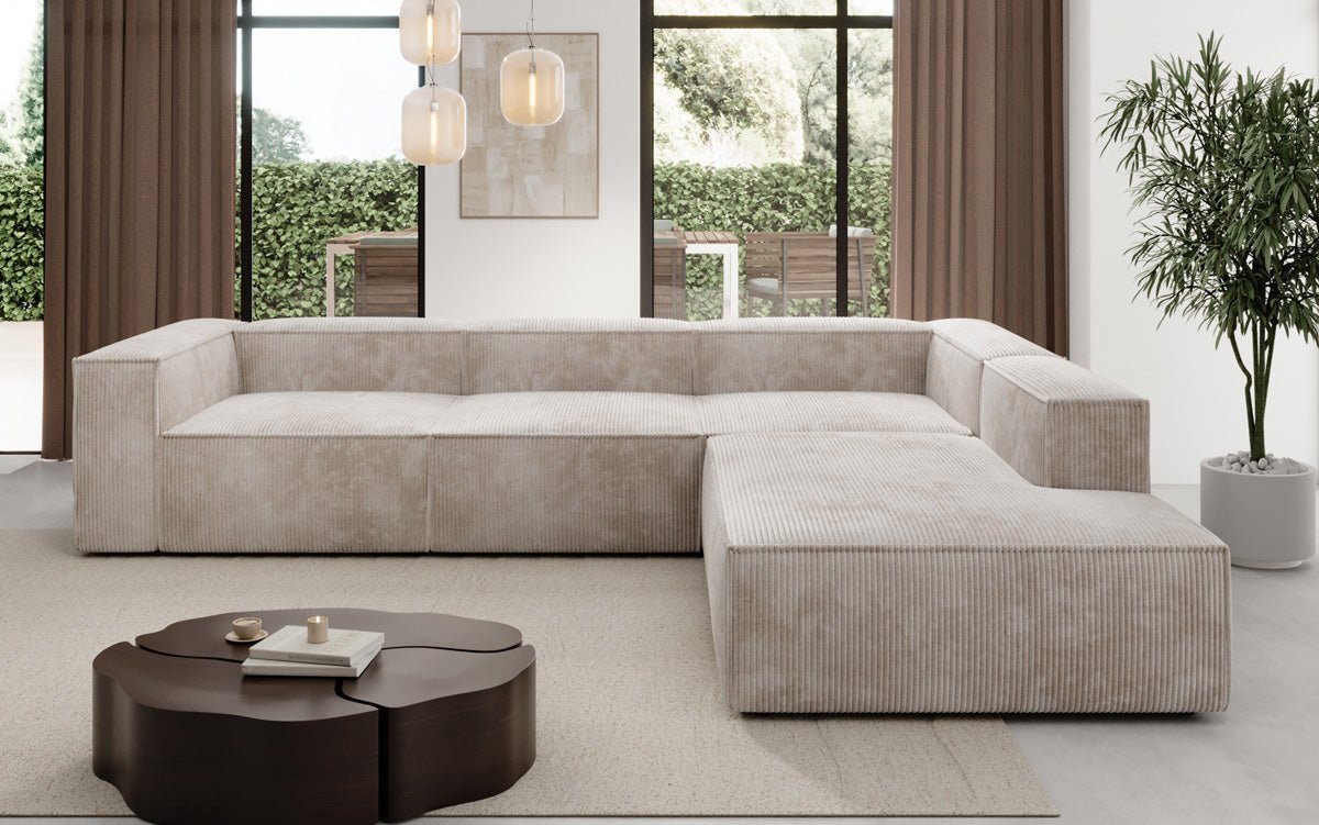 Designer Sofa Lesley L mit langer Ottomane in Cord