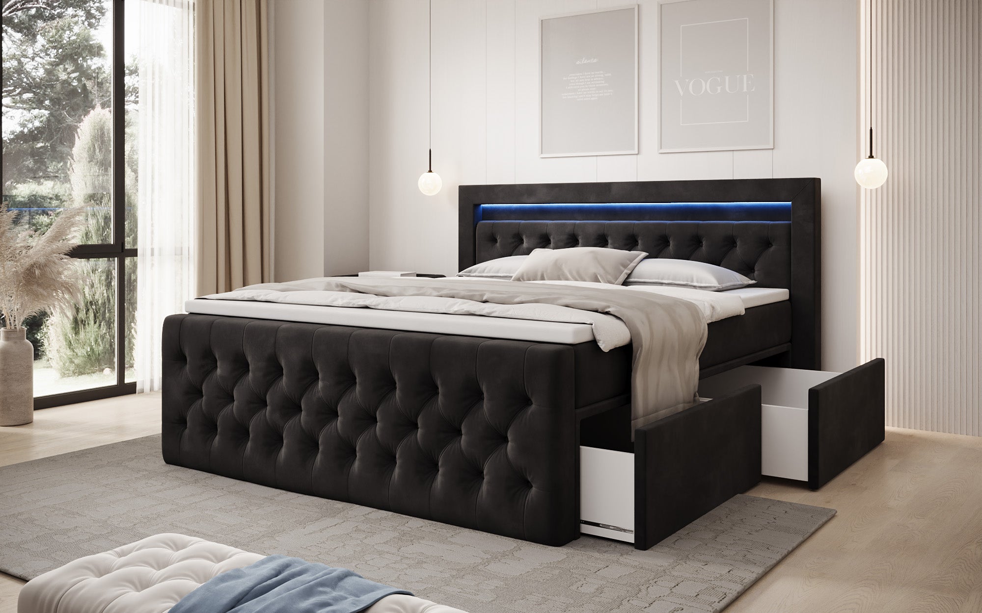 Boxspringbett Menzogna Samt mit LED und Stauraum (2 Schubladen)