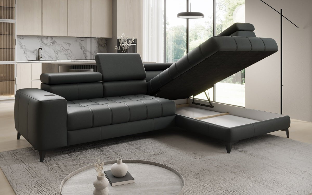 Designer L Sofa Seluna mit elektrischer Schlaffunktion, Induktion und Stauraum in Echtleder