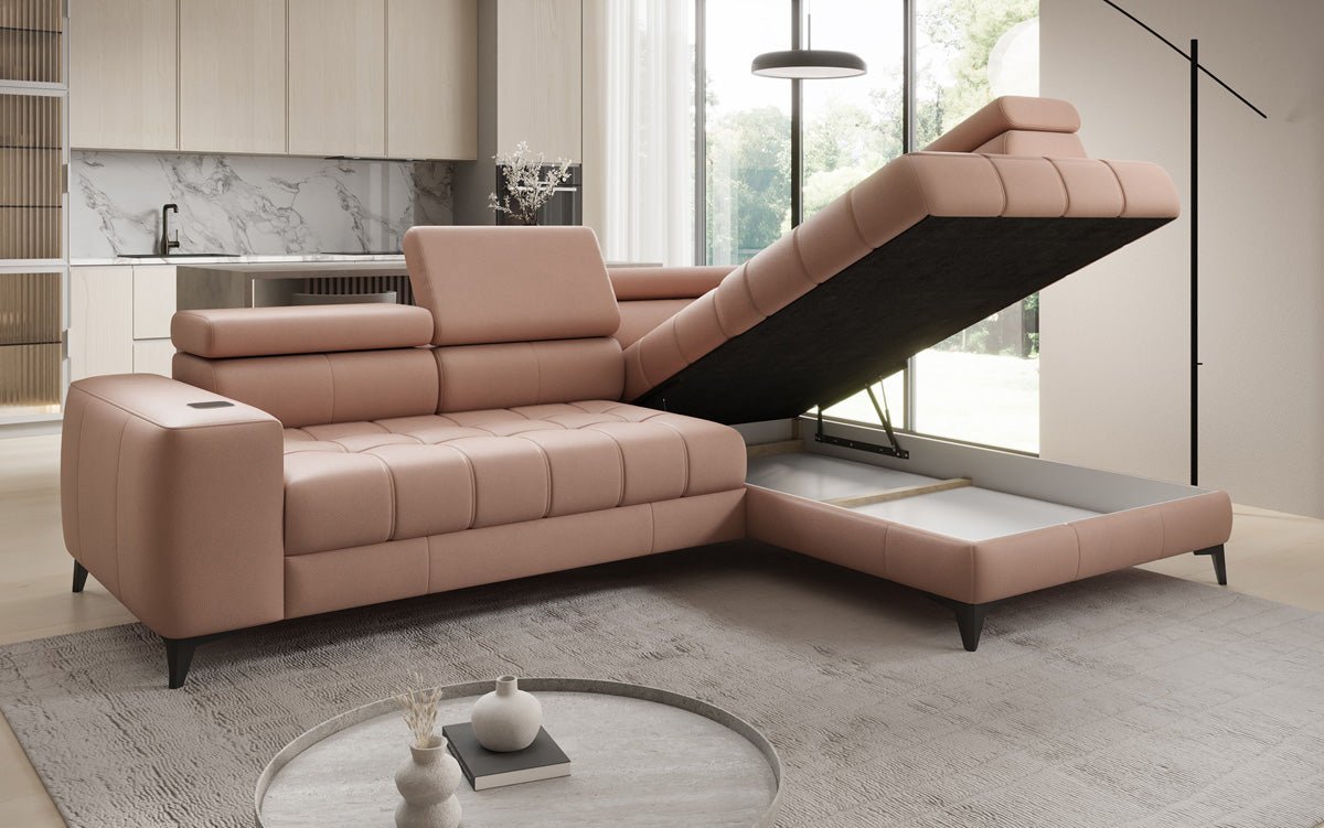 Designer L Sofa Seluna mit elektrischer Schlaffunktion, Induktion und Stauraum in Echtleder
