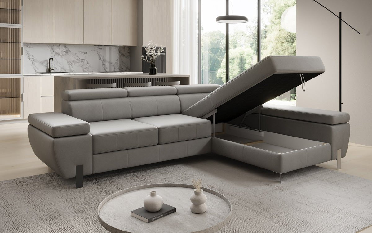 Designer L Sofa Calista mit Schlaffunktion und Stauraum in Echtleder