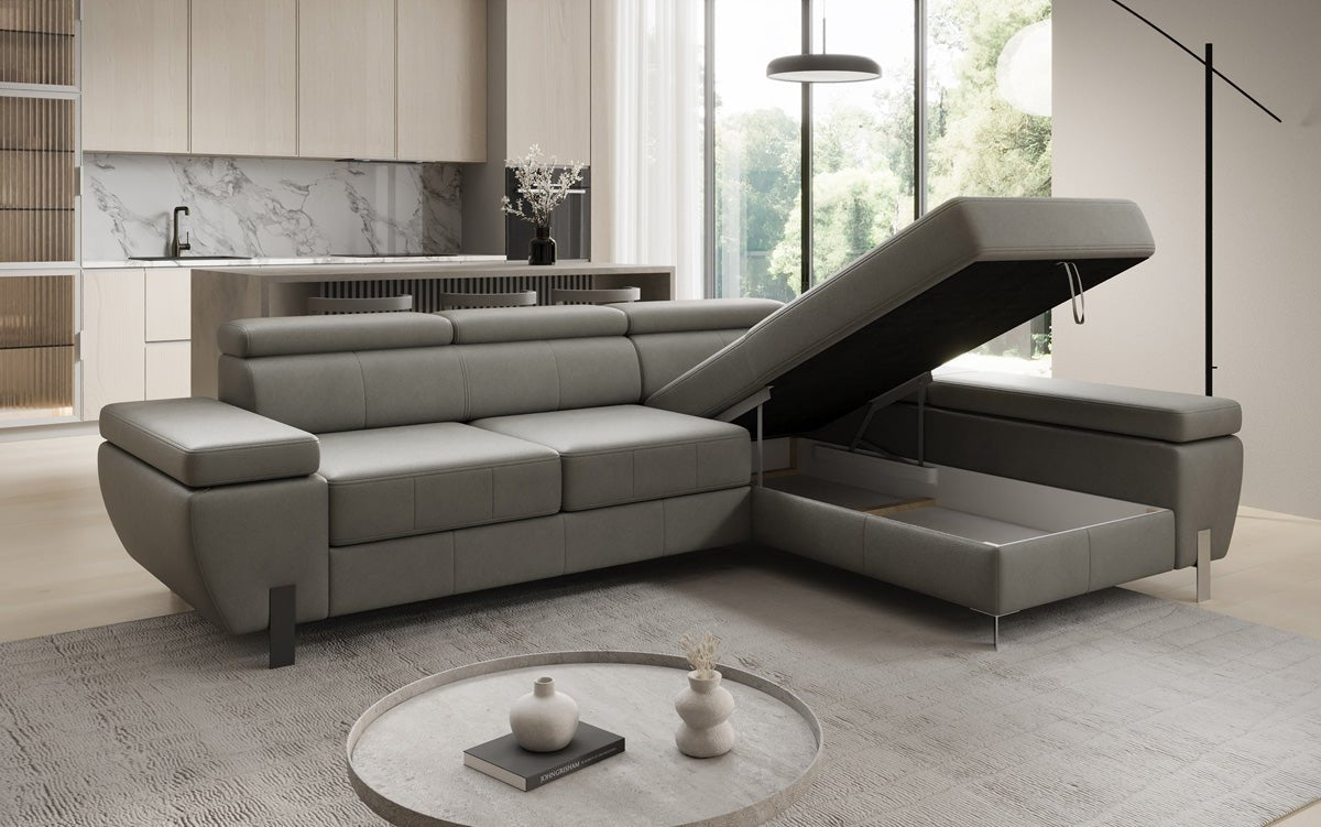 Designer L Sofa Calista mit Schlaffunktion und Stauraum in Echtleder