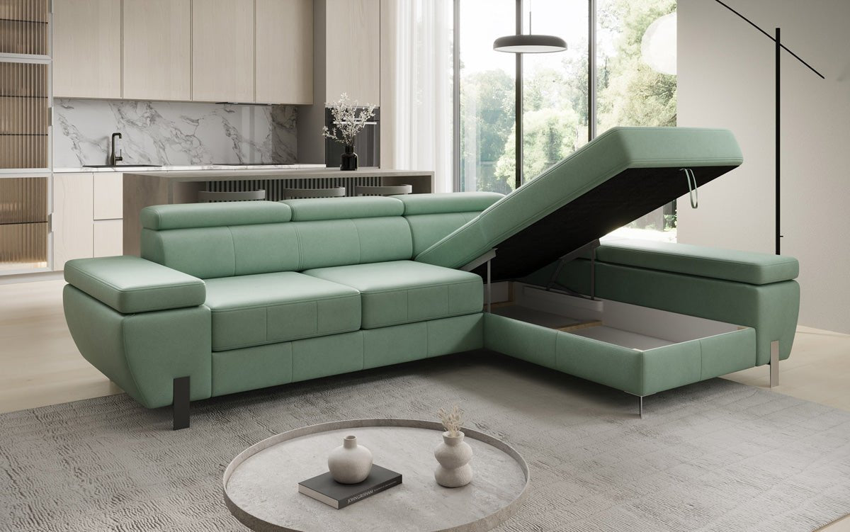 Designer L Sofa Calista mit Schlaffunktion und Stauraum in Echtleder