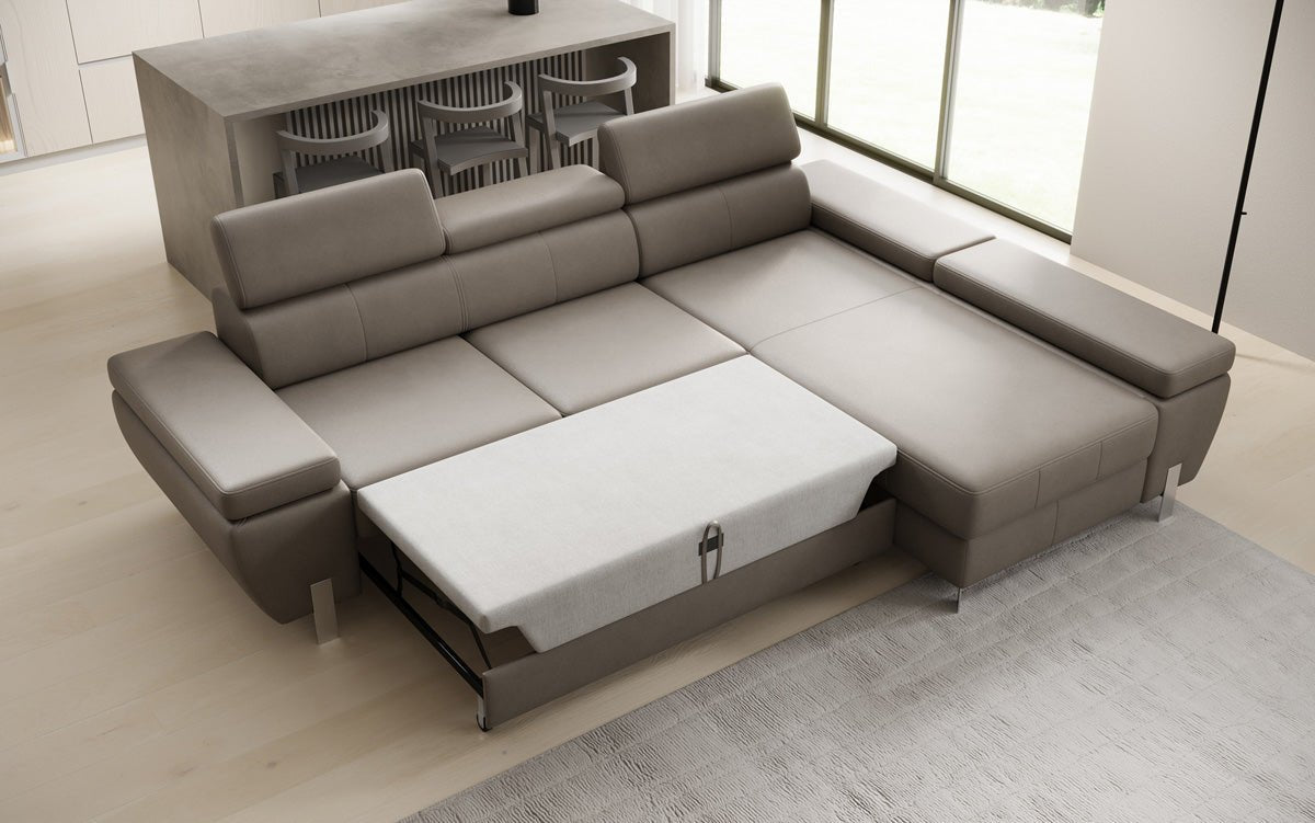 Designer L Sofa Calista mit Schlaffunktion und Stauraum in Echtleder