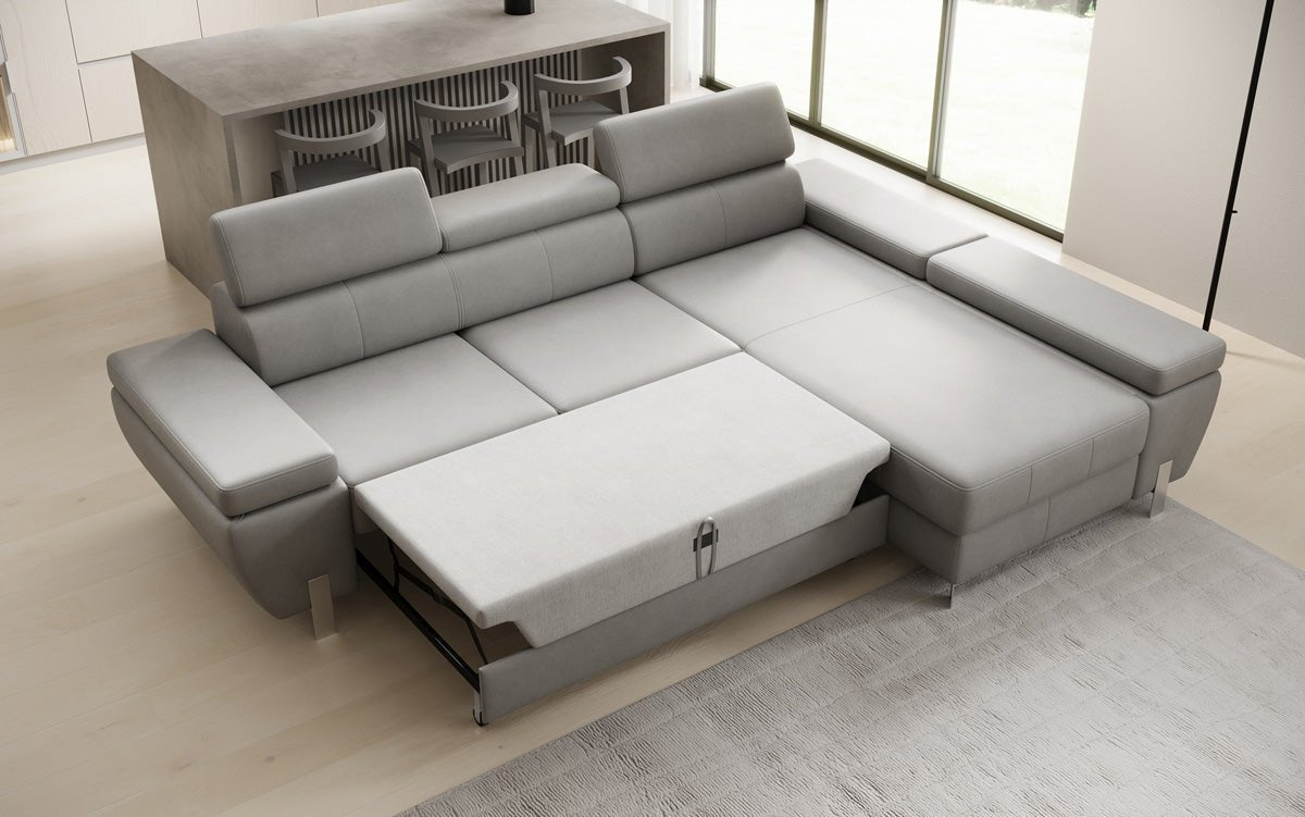 Designer L Sofa Calista mit Schlaffunktion und Stauraum in Echtleder