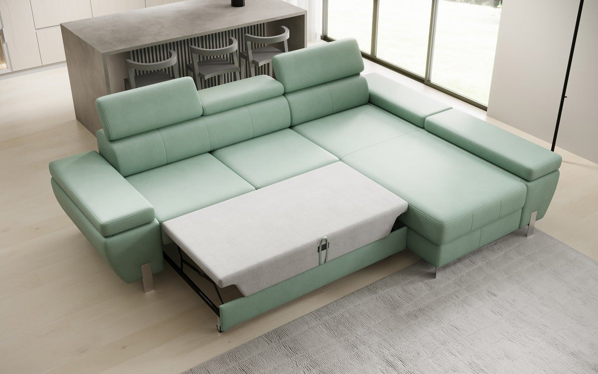 Designer L Sofa Calista mit Schlaffunktion und Stauraum in Echtleder