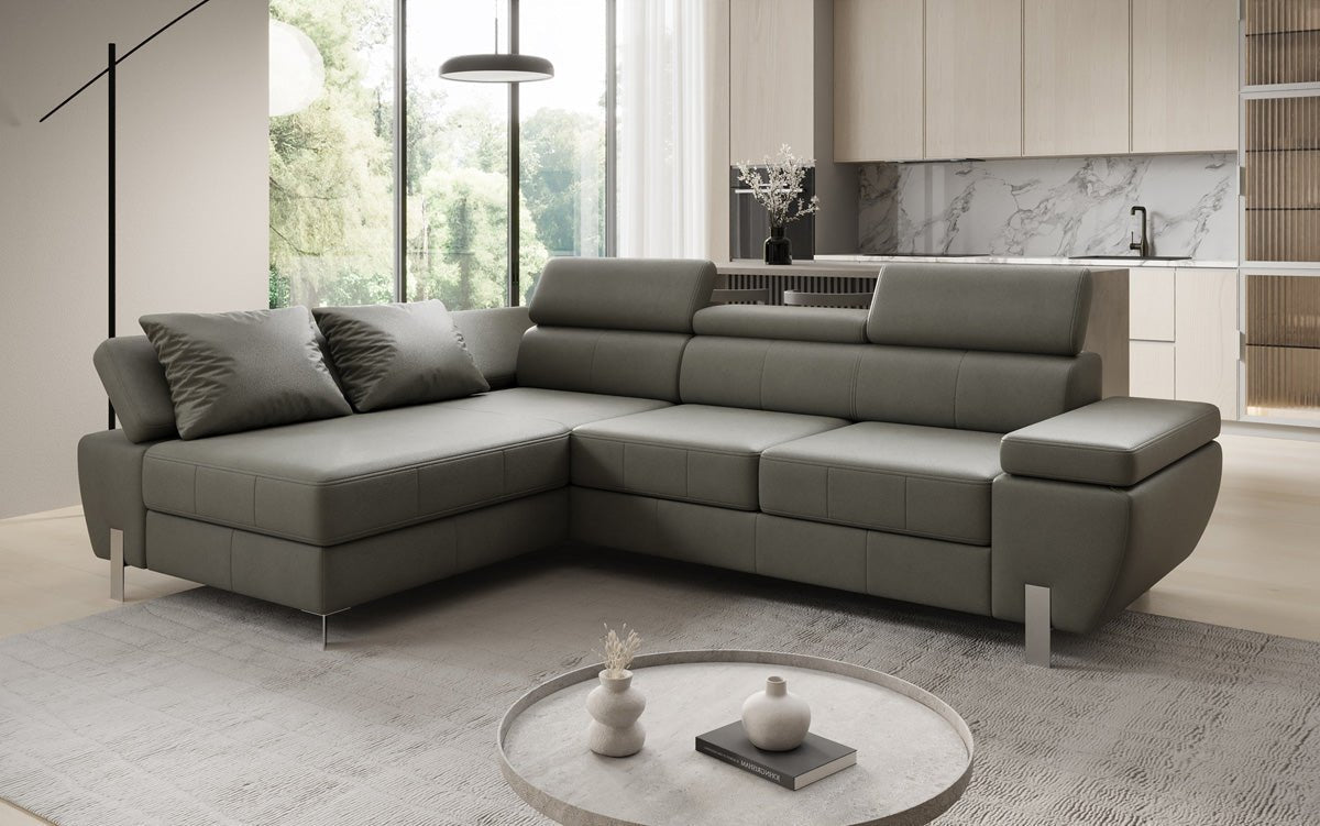 Designer L Sofa Calista mit Schlaffunktion und Stauraum in Echtleder