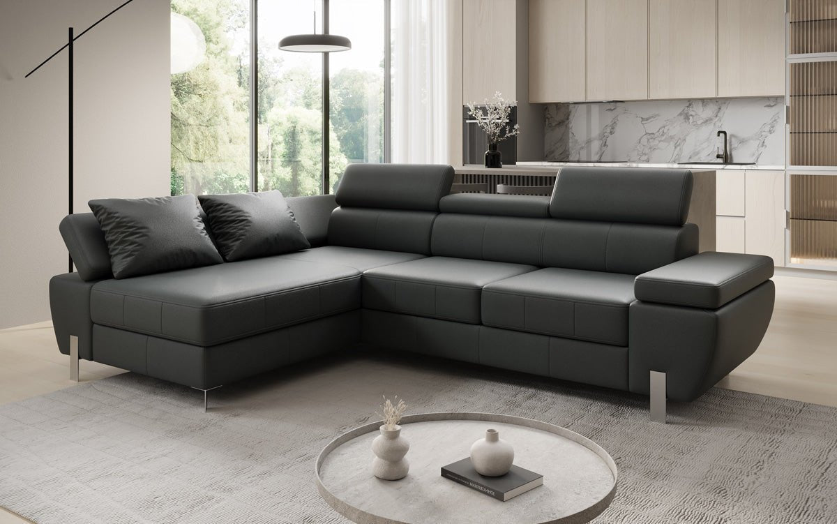 Designer L Sofa Calista mit Schlaffunktion und Stauraum in Echtleder