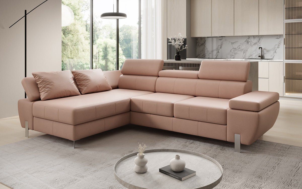 Designer L Sofa Calista mit Schlaffunktion und Stauraum in Echtleder