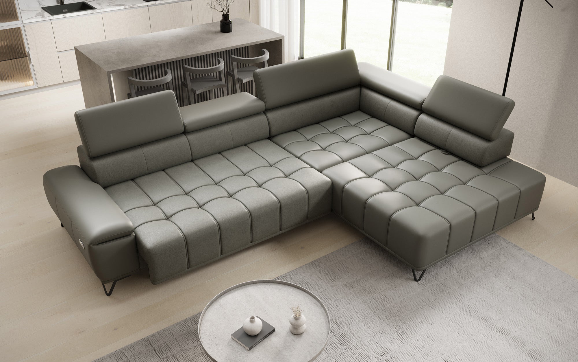 Designer L Sofa Selora mit elektrischer Schlaffunktion und verstellbarerer Rückenlehne in Echtleder