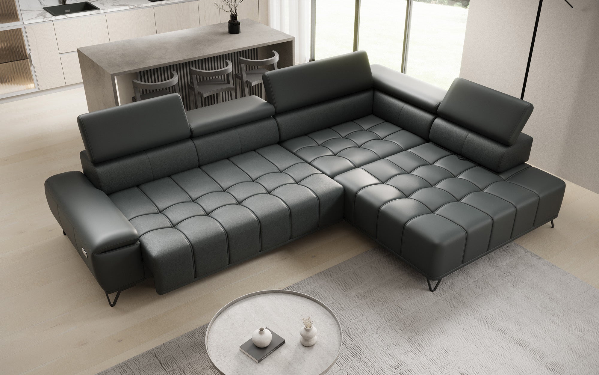 Designer L Sofa Selora mit elektrischer Schlaffunktion und verstellbarerer Rückenlehne in Echtleder