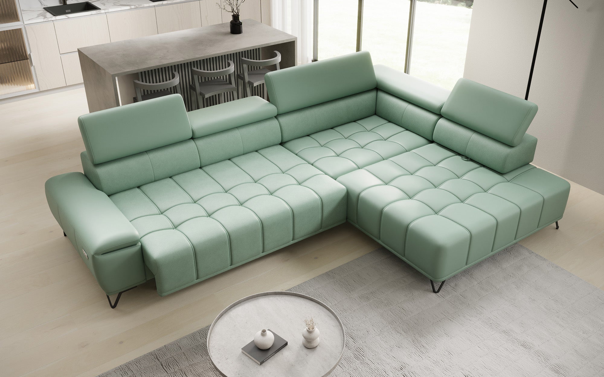 Designer L Sofa Selora mit elektrischer Schlaffunktion und verstellbarerer Rückenlehne in Echtleder