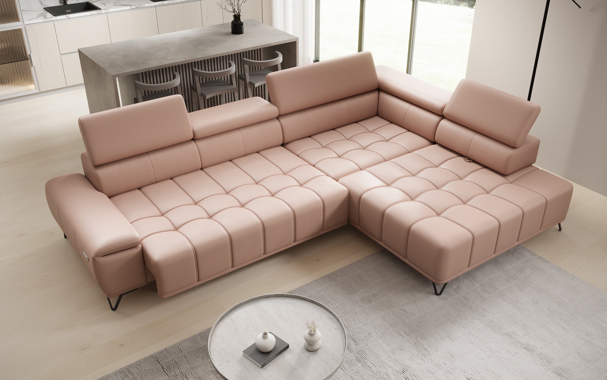 Designer L Sofa Selora mit elektrischer Schlaffunktion und verstellbarerer Rückenlehne in Echtleder