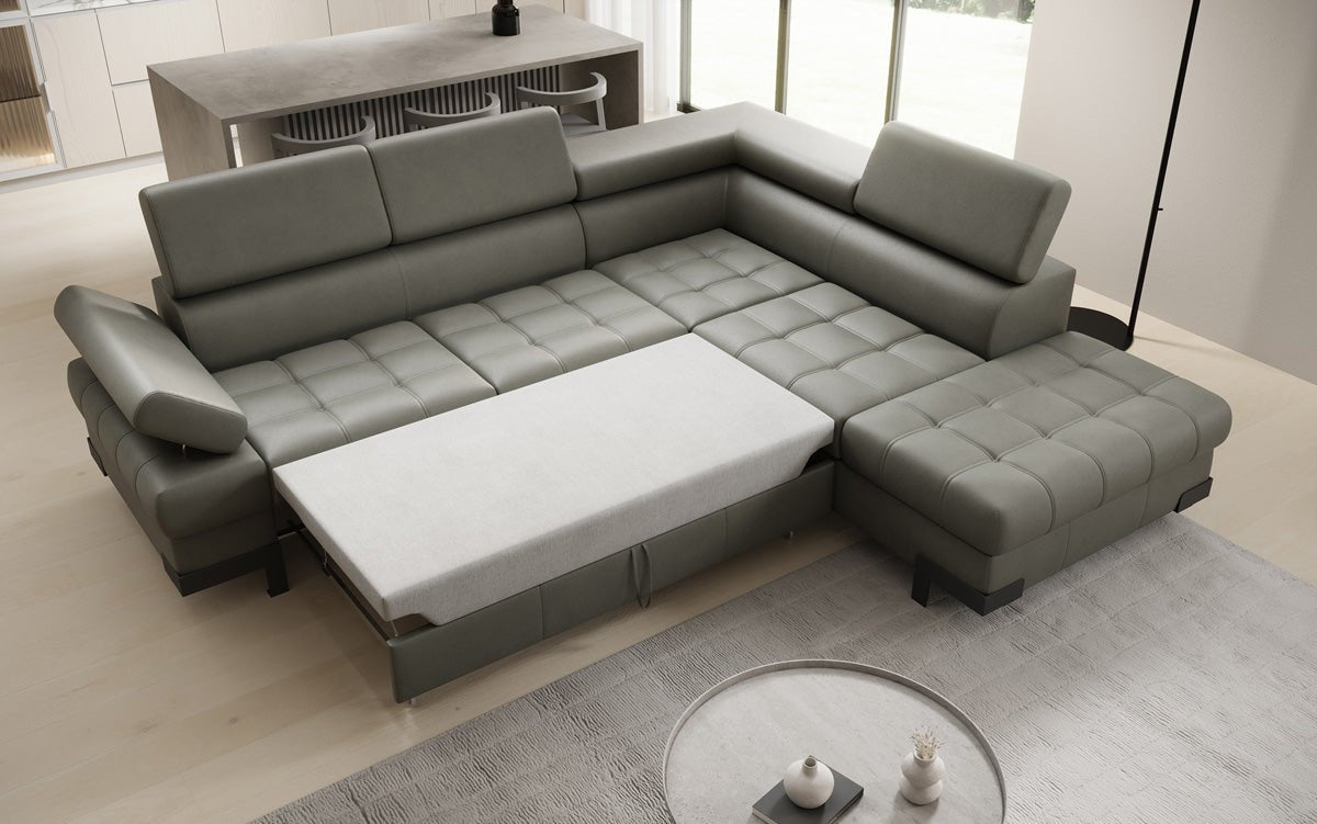 Designer L Sofa Noelia mit Schlaffunktion und Stauraum in Echtleder