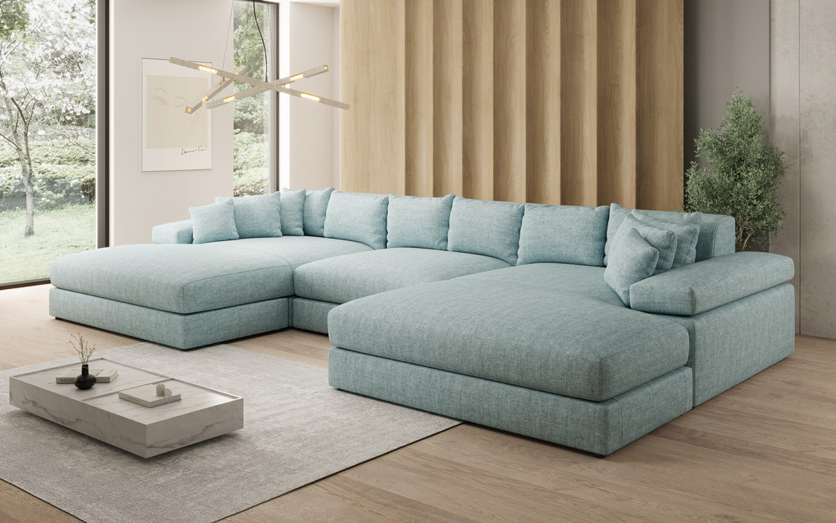 Designer Sofa Bernardo U mit breiter Ottomane in Leinen-Optik