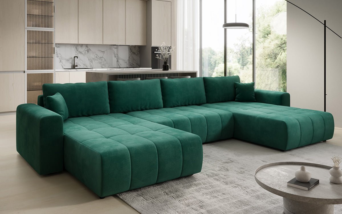 Designer Sofa Leveno U mit Schlaf- und Klappfunktion in Samt