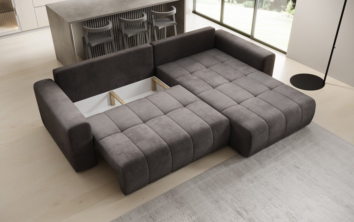Designer Sofa Leveno L mit Schlaf- und Klappfunktion in Samt