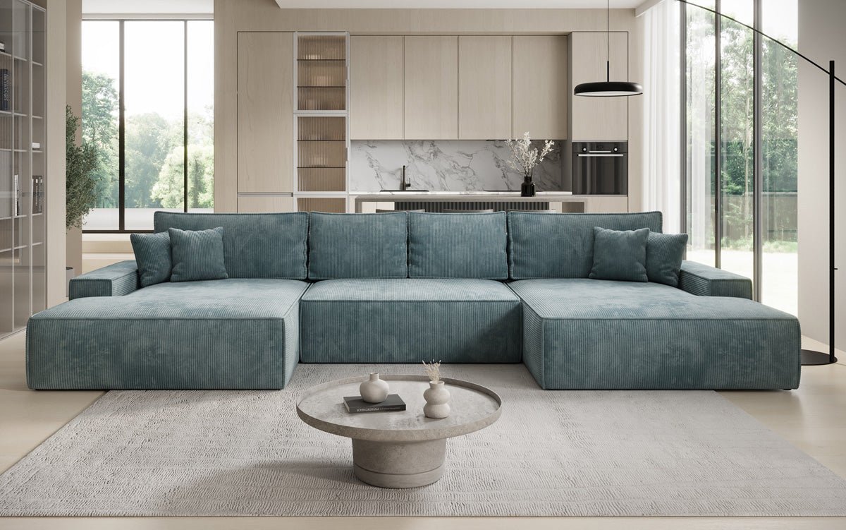 Designer Sofa Verona U mit breiter Ottomane mit Schlaffunktion und Stauraum in Cord