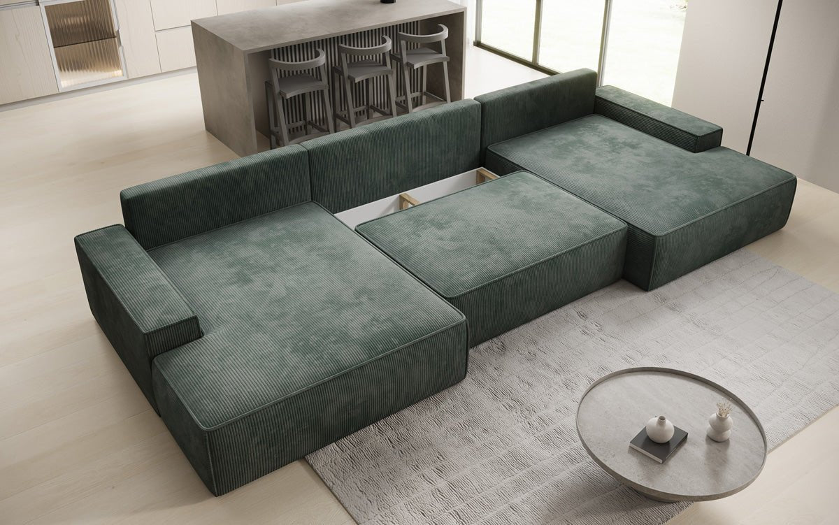 Designer Sofa Verona U mit breiter Ottomane mit Schlaffunktion und Stauraum in Cord