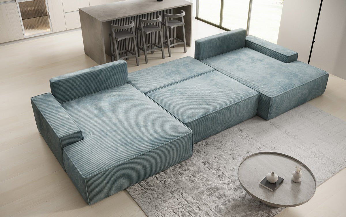 Designer Sofa Verona U mit breiter Ottomane mit Schlaffunktion und Stauraum in Cord