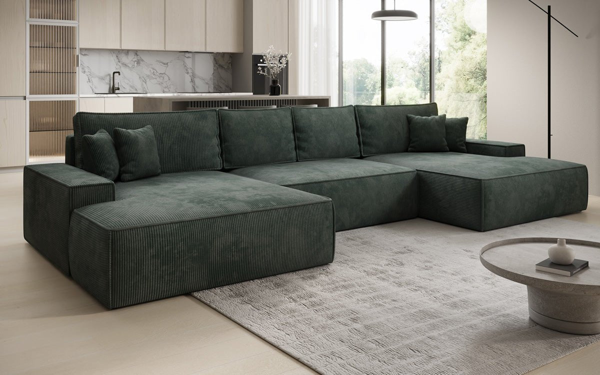 Designer Sofa Verona U mit breiter Ottomane mit Schlaffunktion und Stauraum in Cord