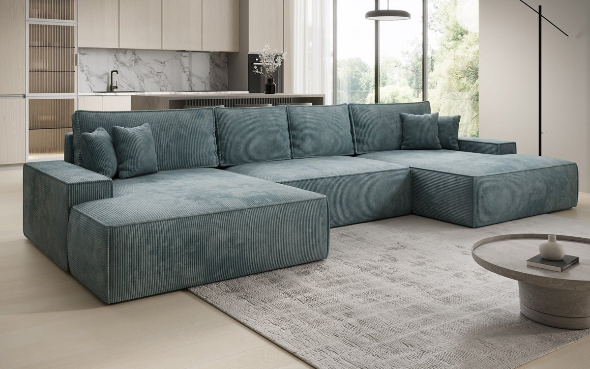 Designer Sofa Verona U mit breiter Ottomane mit Schlaffunktion und Stauraum in Cord