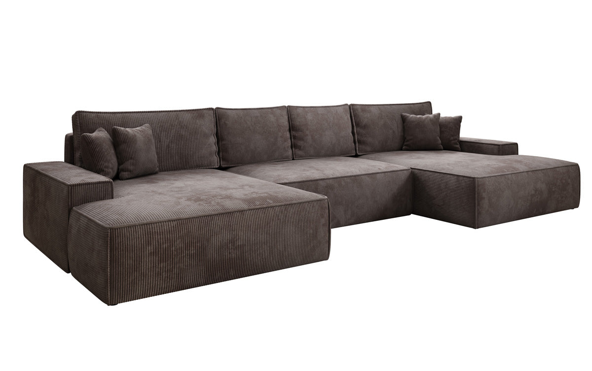 Designer Sofa Verona U mit breiter Ottomane mit Schlaffunktion und Stauraum in Cord