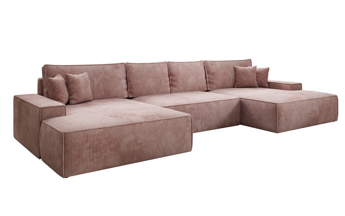 Designer Sofa Verona U mit breiter Ottomane mit Schlaffunktion und Stauraum in Cord
