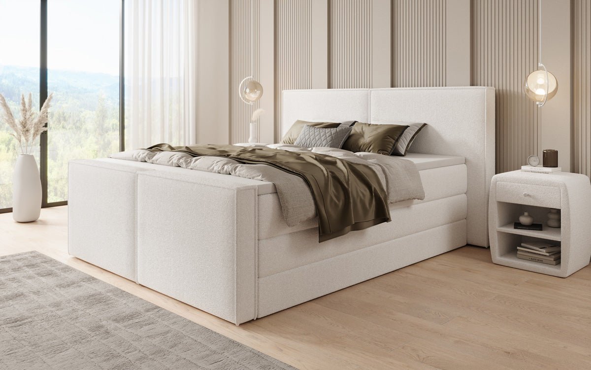 Boxspringbett Ophelia II mit hochklappbarem Stauraum in Teddy Bouclé