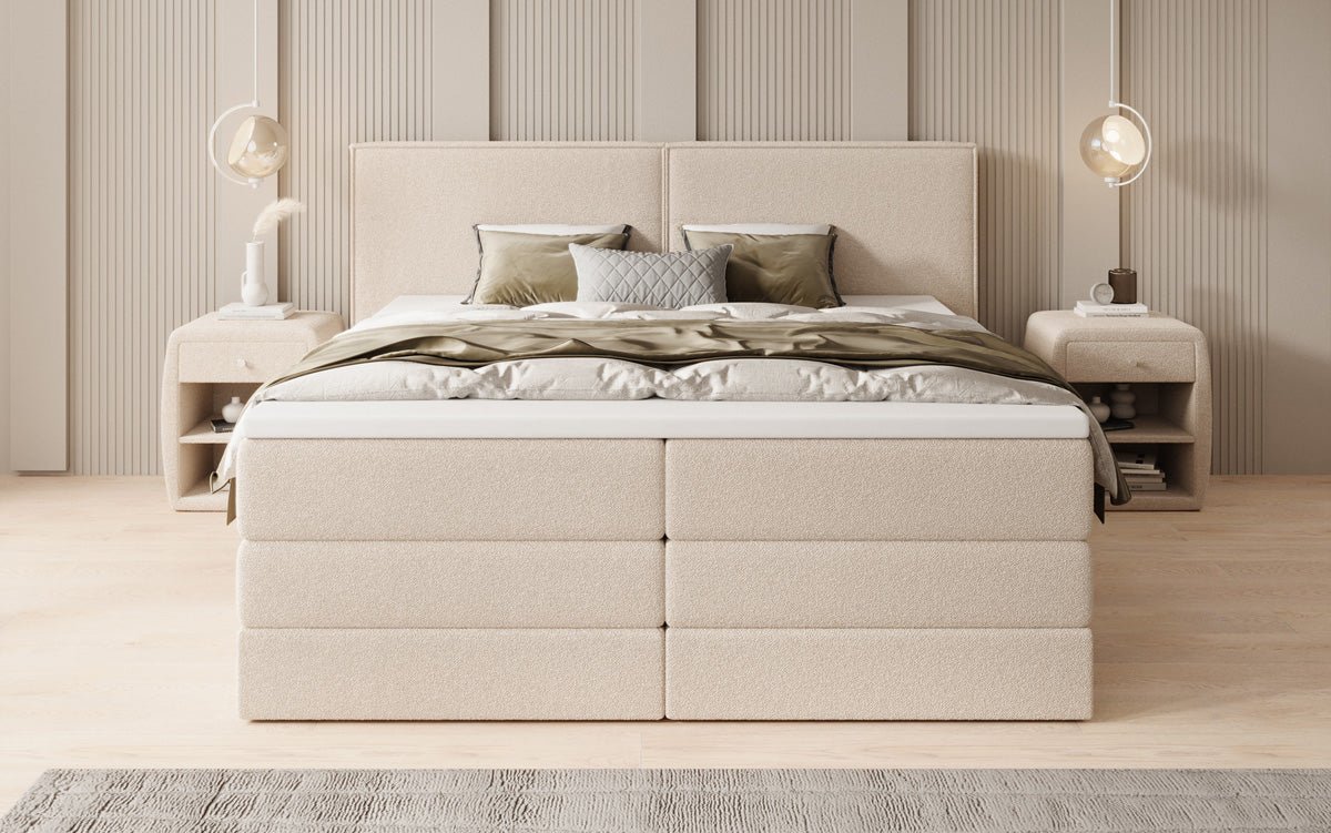 Boxspringbett Ophelia mit hochklappbarem Stauraum in Teddy Bouclé