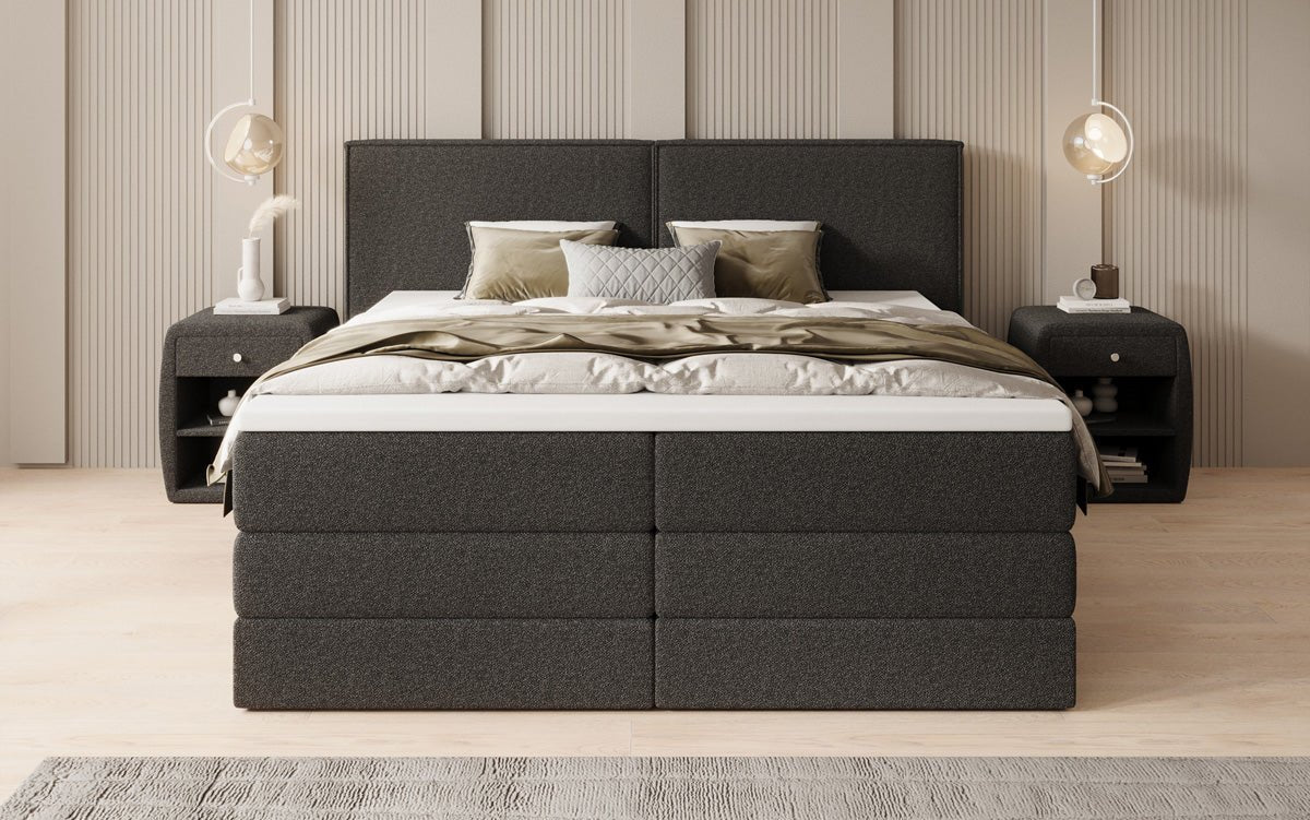 Boxspringbett Ophelia mit hochklappbarem Stauraum in Teddy Bouclé