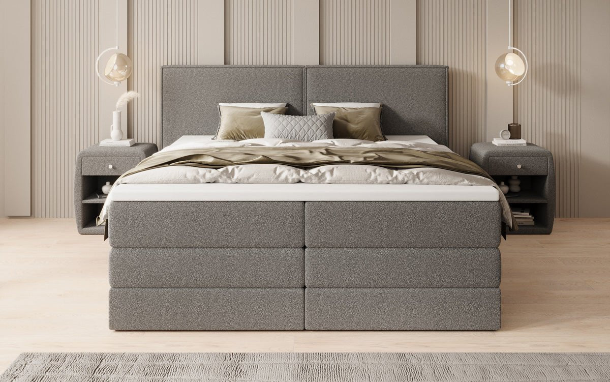 Boxspringbett Ophelia mit hochklappbarem Stauraum in Teddy Bouclé