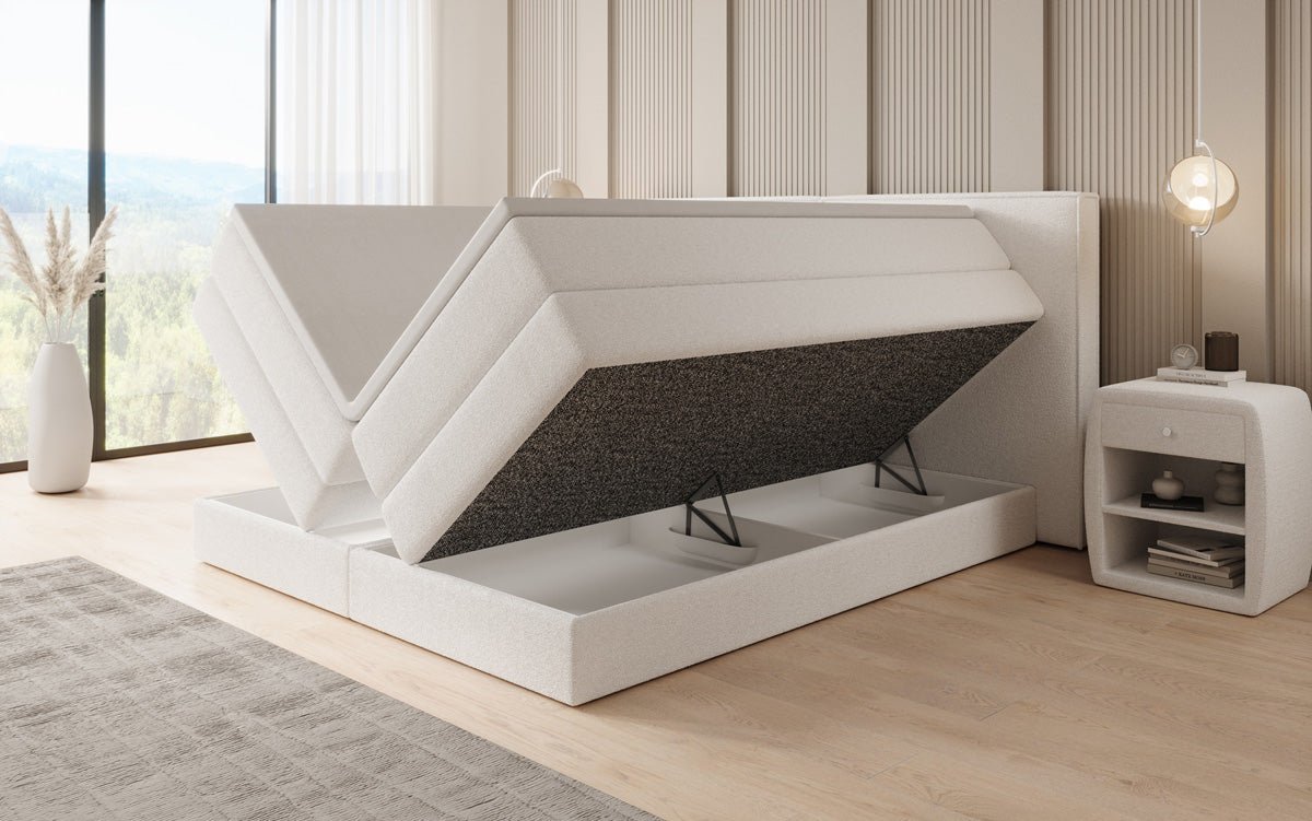 Boxspringbett Ophelia mit hochklappbarem Stauraum in Teddy Bouclé