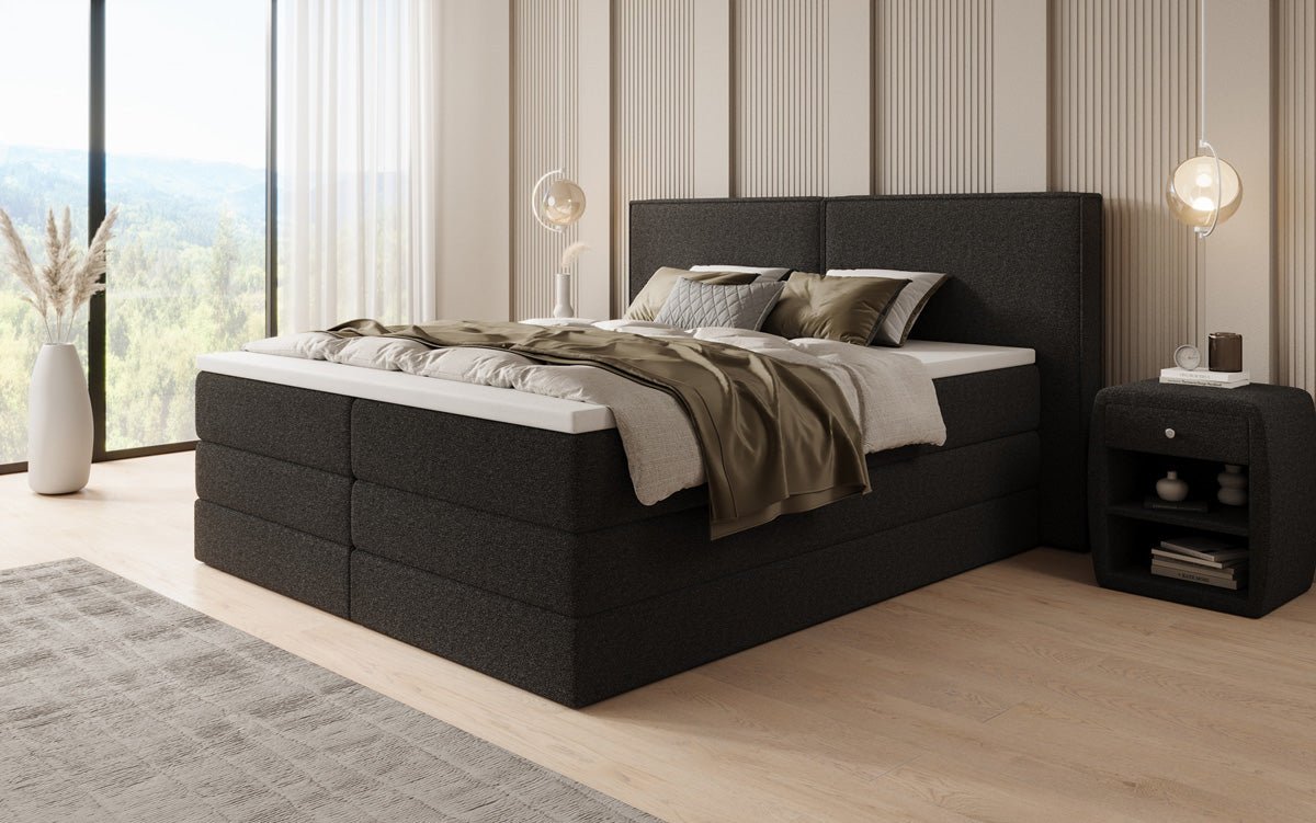 Boxspringbett Ophelia mit hochklappbarem Stauraum in Teddy Bouclé