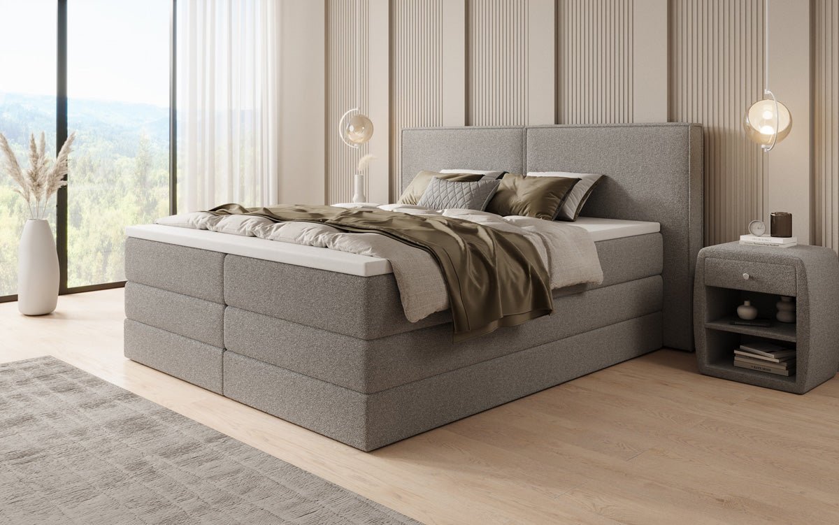 Boxspringbett Ophelia mit hochklappbarem Stauraum in Teddy Bouclé
